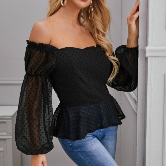 Tops - Off Shoulder Swiss Dot wide sleeve black top